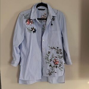 Zara Blue‎ Striped Button Down Shirt with Floral Embroidery